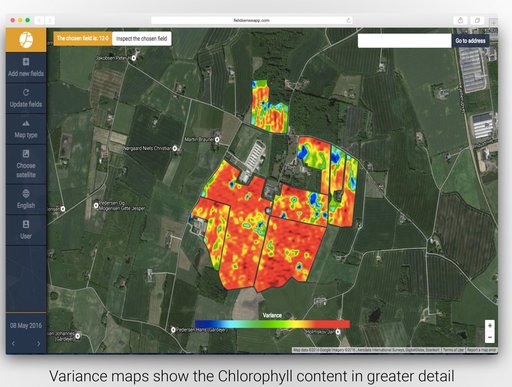 Kortet viser variationer i biomassen på den enkelte mark. Farveskalaen går fra blå (lav biomasse) til rød (høj biomasse). Blå områder i marken kan indikere problemområder som skadevoldere og misvækst. Screenshot: Ceptu